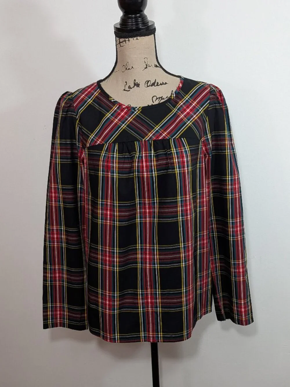 J. Crew Black Plaid Tartan Puff Sleeve Top Long Sleeve Blouse Size Small S